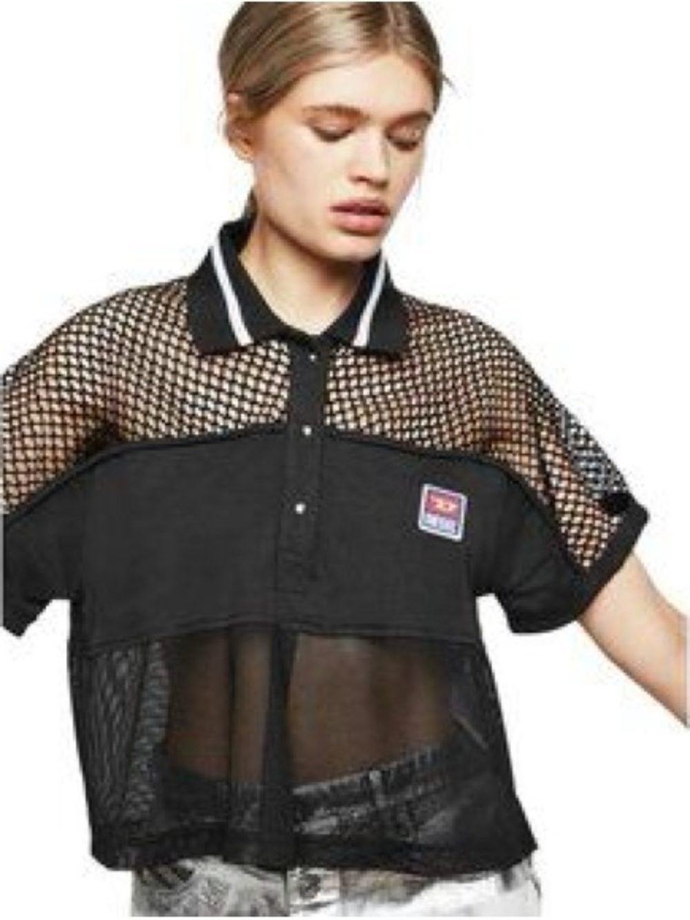 Diesel Black Mesh Cropped Polo with Logo Patch